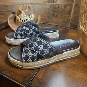 DKNYC Black and Silver Logo Espadrille Slide Sandals